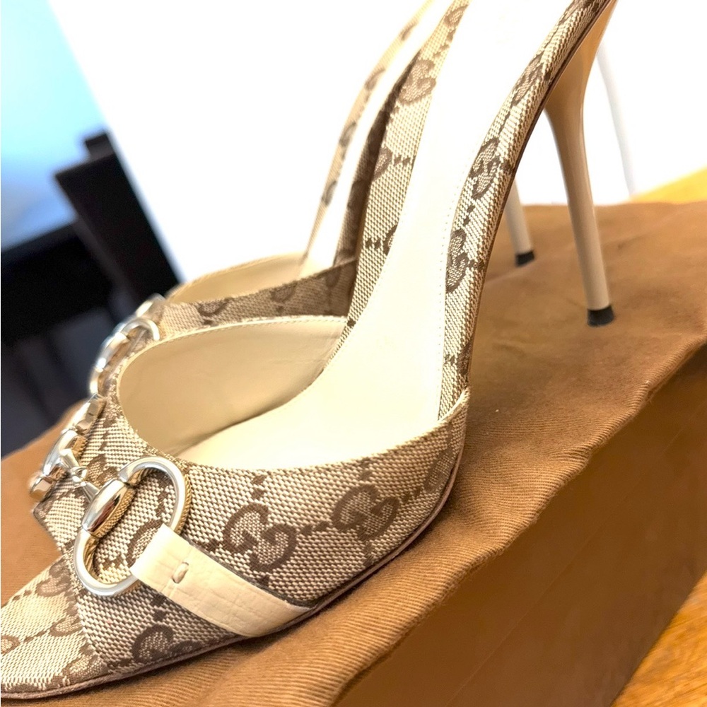 Gucci Beige GG Monogram Horsebit Pointed-Toe High Heels